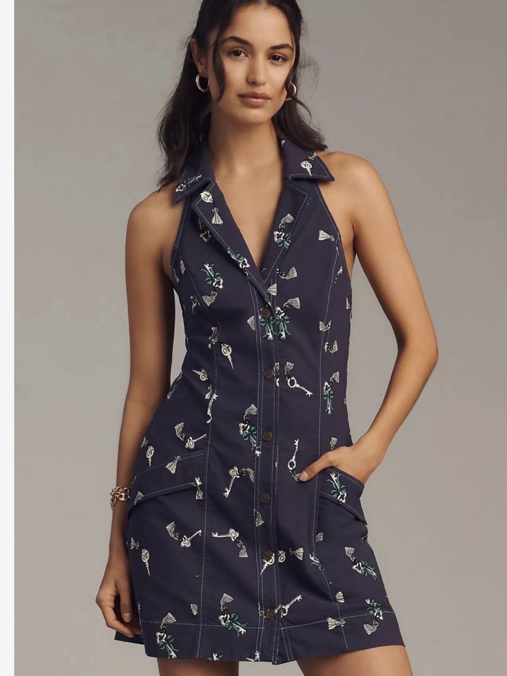Maeve T-Back Stylish Purple Key-Print Halter Dress